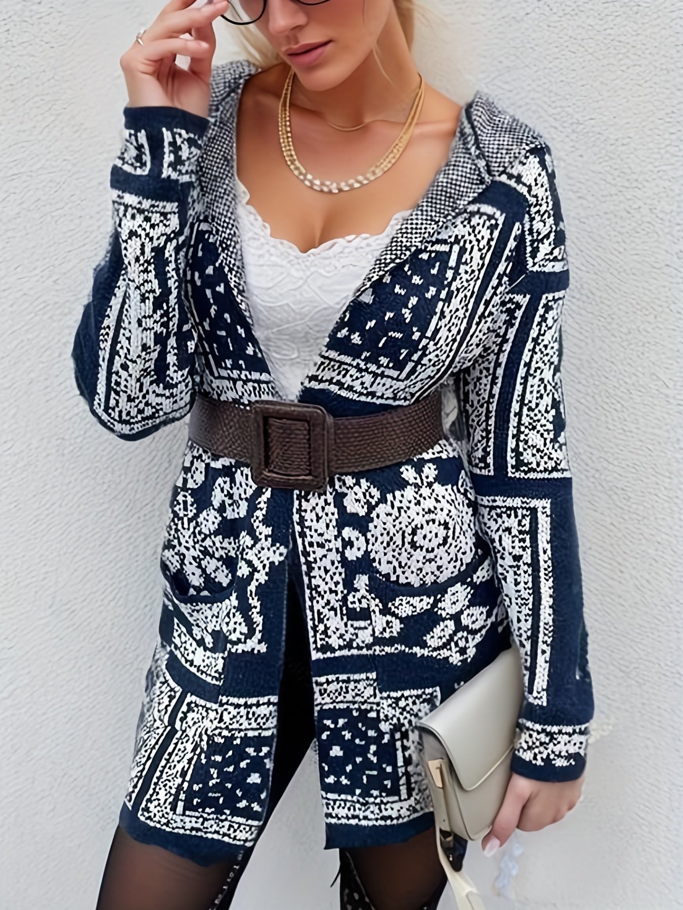 Graphic Print Open Front Hooded Cardigan