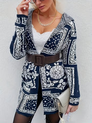 Graphic Print Open Front Hooded Cardigan
