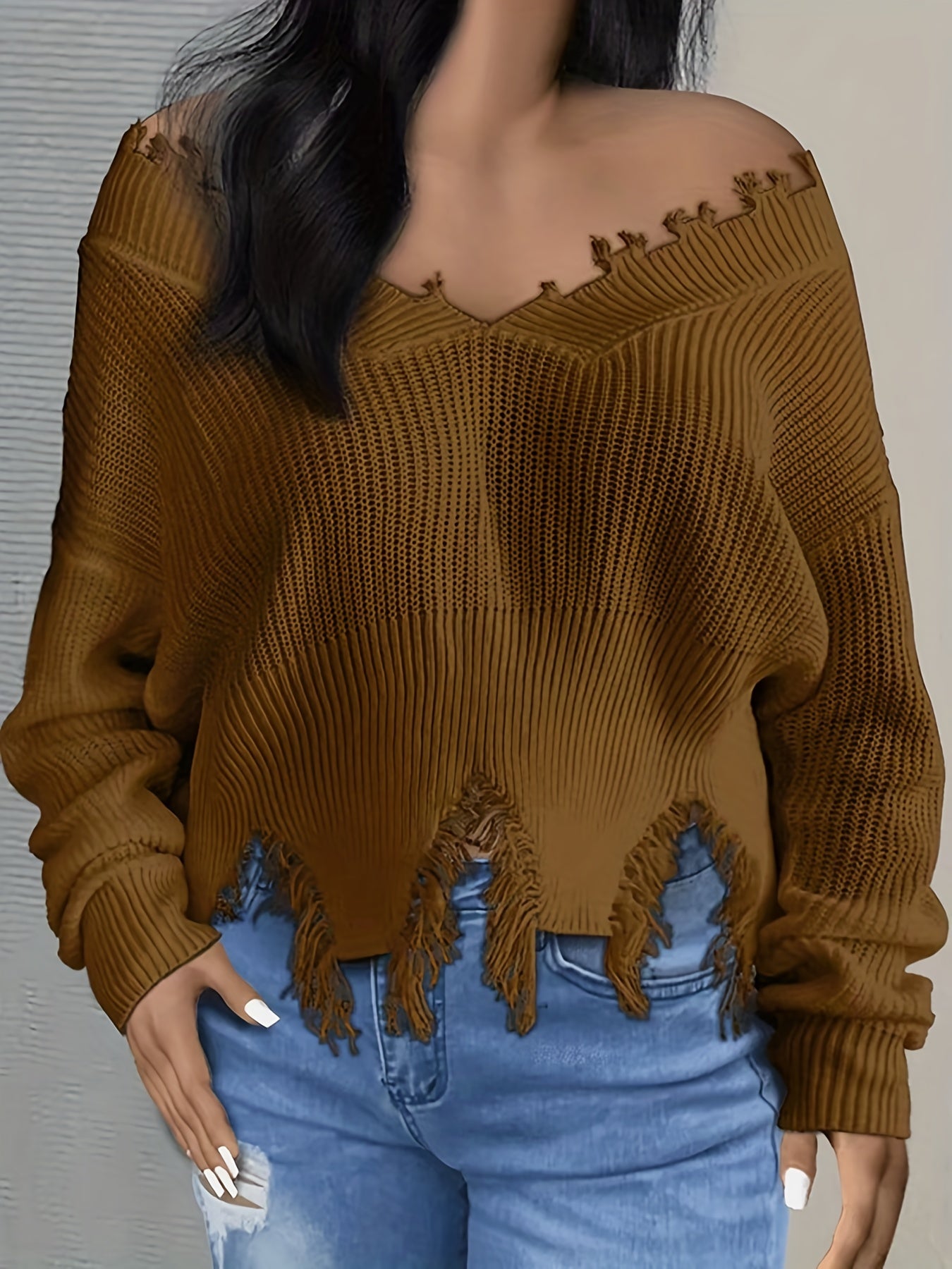 V Neck Tassel Sweater Long Sleeve Crop Sweater