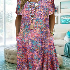 Casual Allover Print Short Sleeve Tee Dress With Pockets