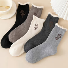 5 Pairs Women's Winter Floral Mid Calf Socks Casual Warm All Seasons