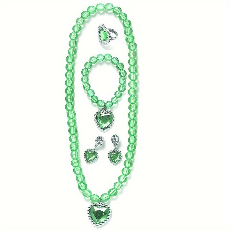 Girls Princess Crystal Jewel Set - Necklace, Ear Clip, Ring, Bracelet