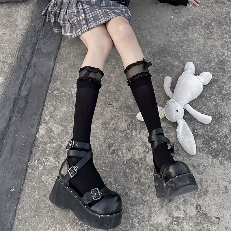 Bow Decor Calf Socks Mesh Stitching Knee High Socks