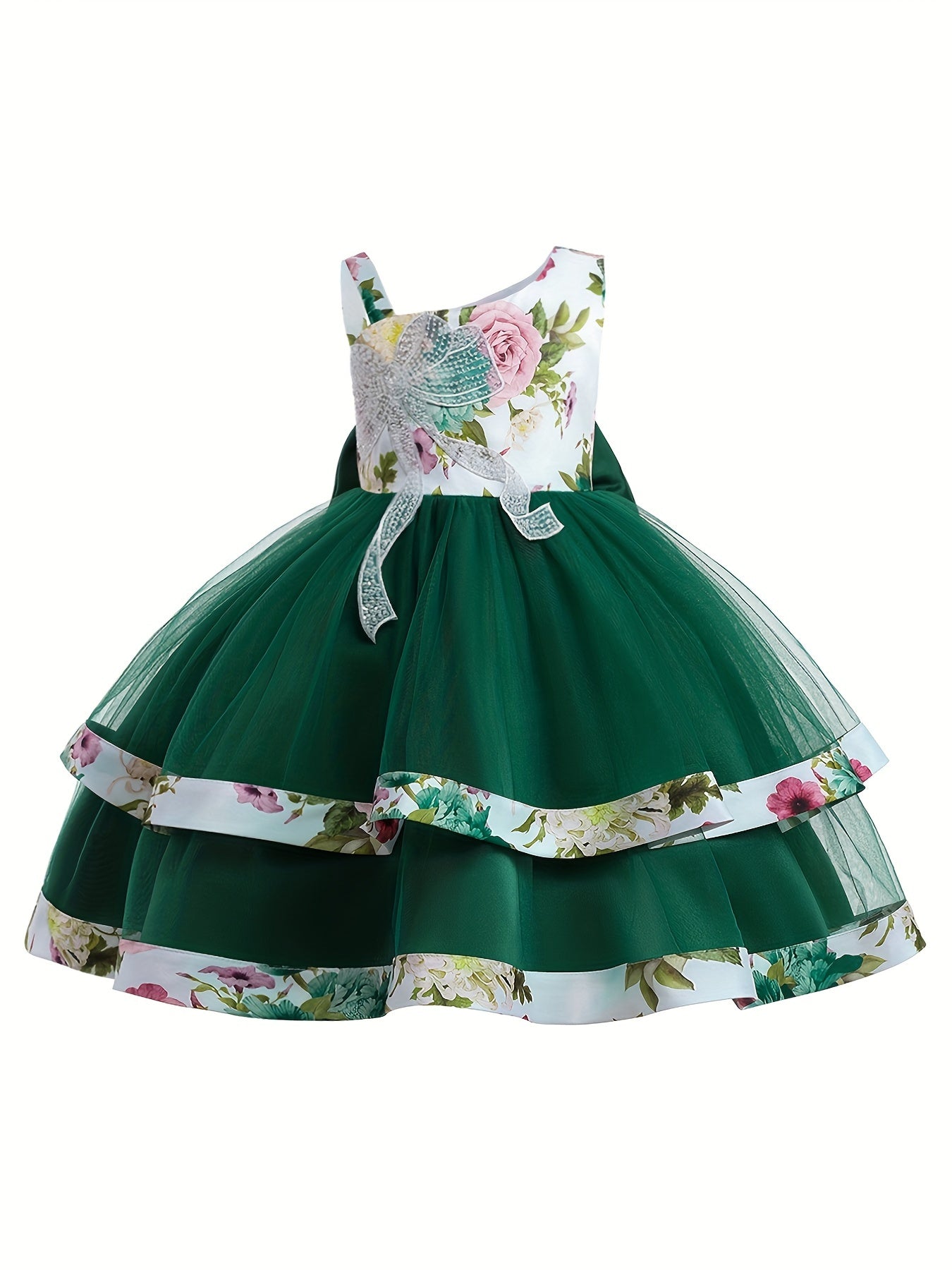 Girls Floral Princess One Shoulder Party Tutu Dress Tulle Wedding Flower Girl
