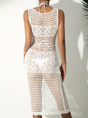 Crochet Cover Up Dress High Stretch Split Thigh Round Neck