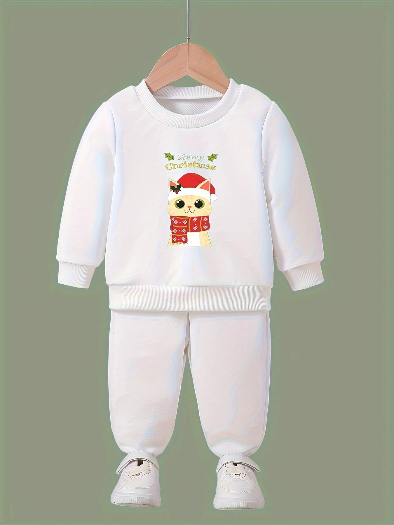 Girls 2pc Christmas Cat Crew Neck Sweatshirt Set