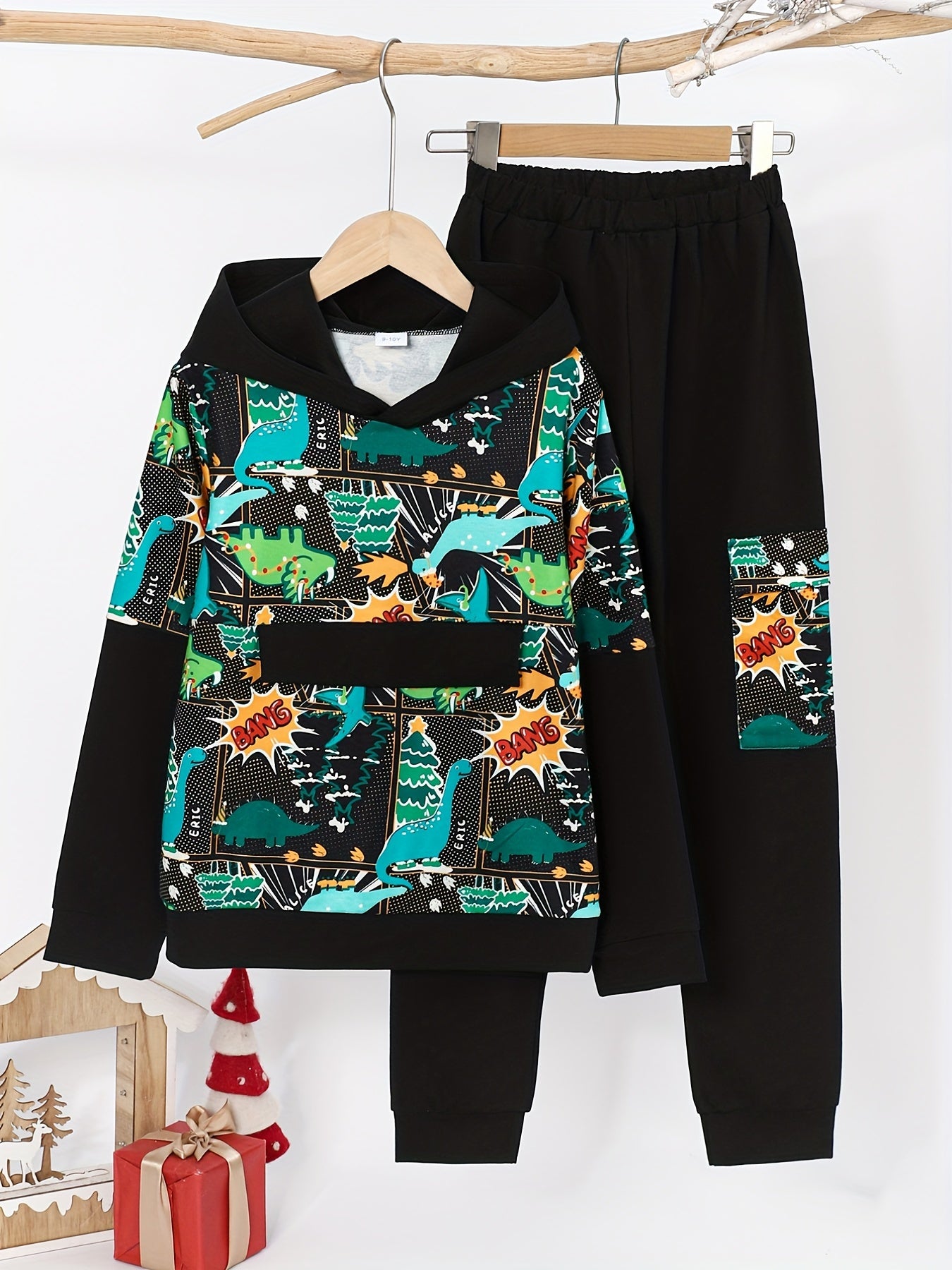 Boys Dino Pattern 2pcs Hoodie & Sweatpants Set for Spring
