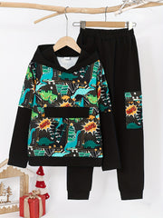 Boys Dino Pattern 2pcs Hoodie & Sweatpants Set for Spring