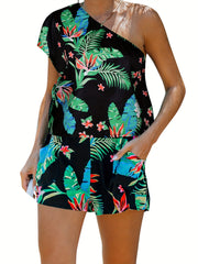 Floral Print Two Piece Set One Shoulder Top & Shorts Outfit