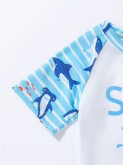 Boys Cartoon Shark Print Swimming Suit Trunks & Tops for Beach Vacation
