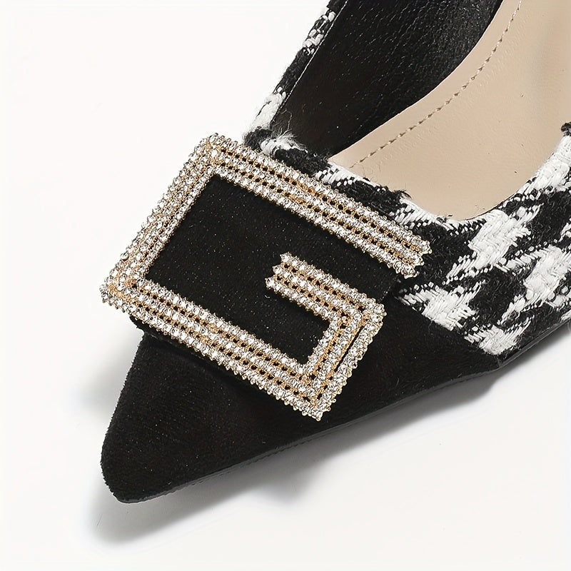 Women's Houndstooth High Heels Rhinestone G Letter Buckle Stiletto Heels