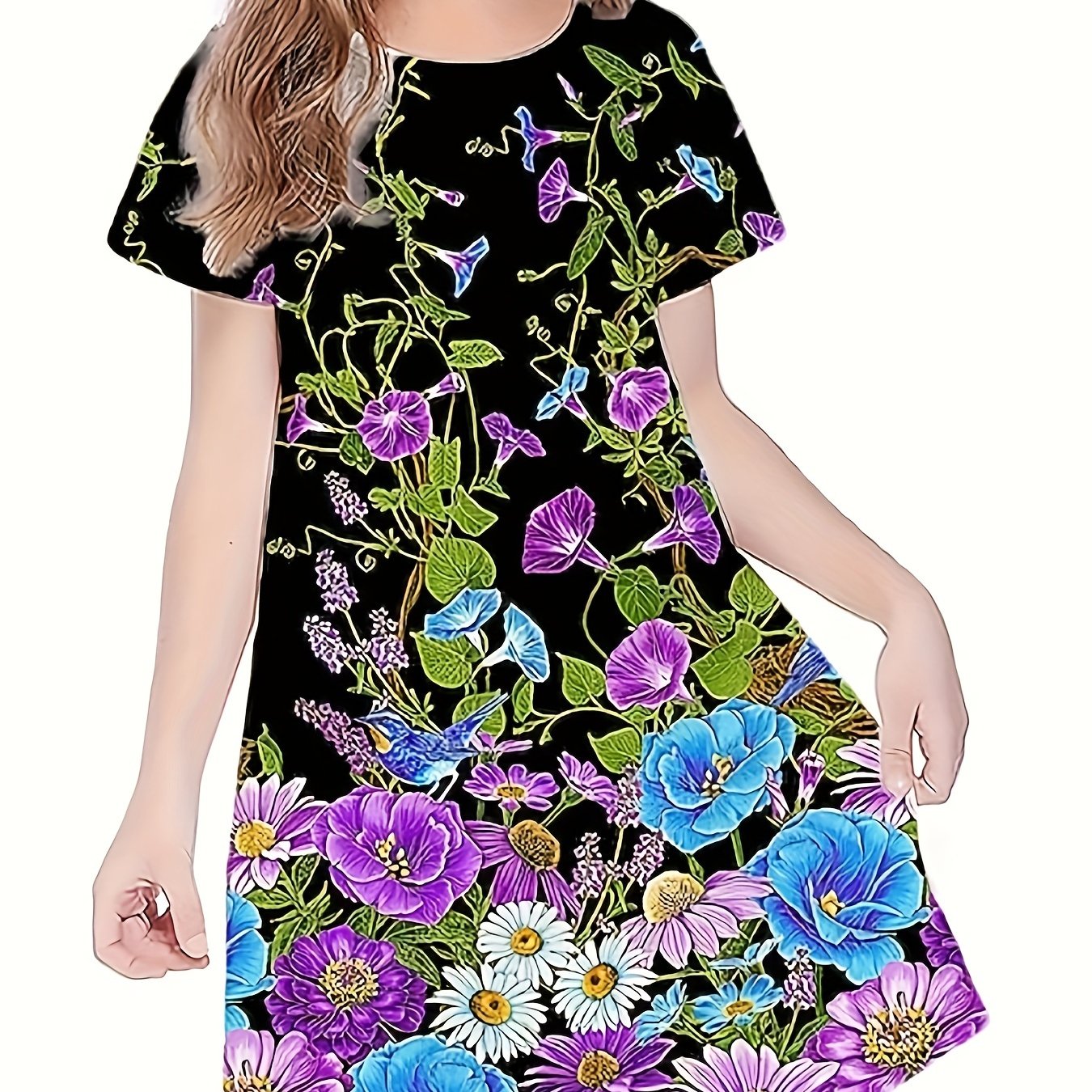Butterfly Print Short Sleeve Dress for Summer Party Girls