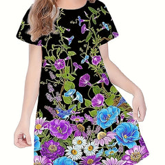 Butterfly Print Short Sleeve Dress for Summer Party Girls