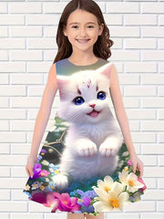 Sweet Flower Cat Print Dress Girls Casual Sleeveless Dresses For Summer Party