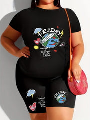 Women's Plus Letter & Graphic Print V Neck Top & Shorts Outfits 2 Piece Set