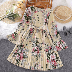 Girl Floral Print Long Sleeved Ruffle Dress with Butterfly Tie