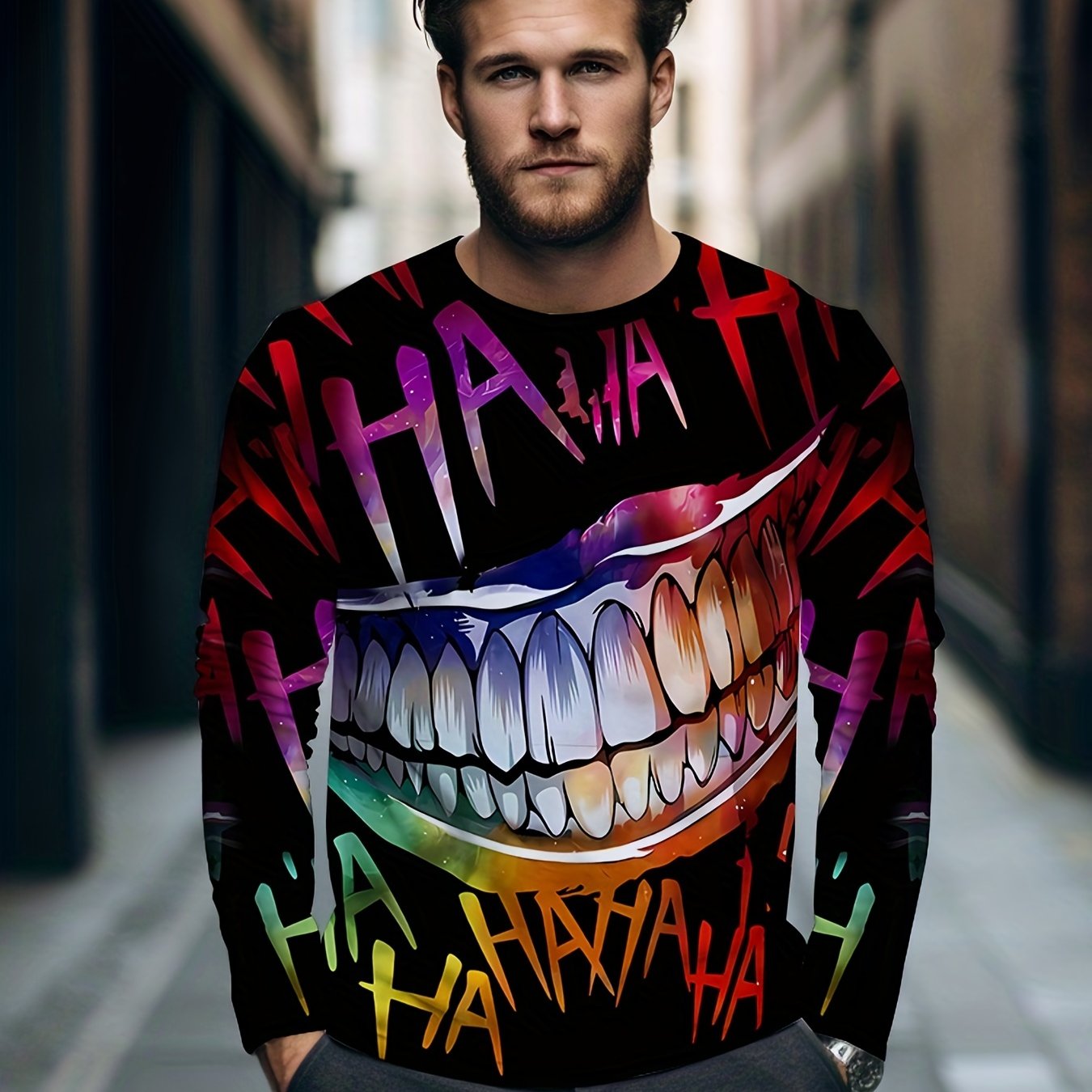Smile Print Men's Long Sleeve Tee Stylish T-shirt