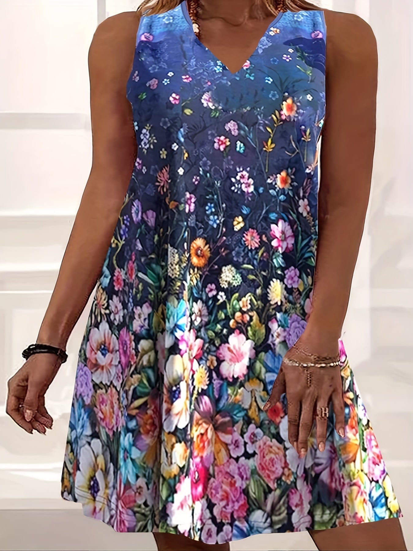 Women's Rose Print V Neck Stretch Tank Dress