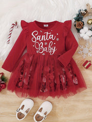 Baby Girls Mesh Dress Long Sleeve Bow Floral Embroidered Princess Dress