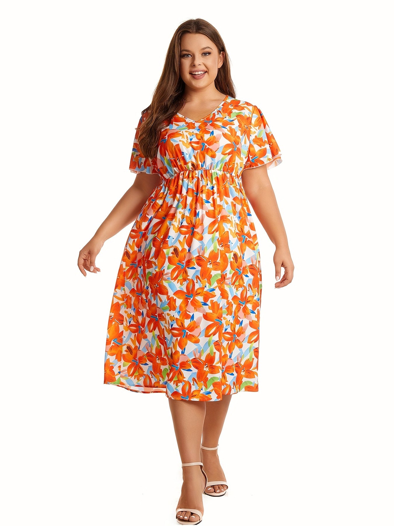 Floral Print V-Neck Midi Dress, Plus Size