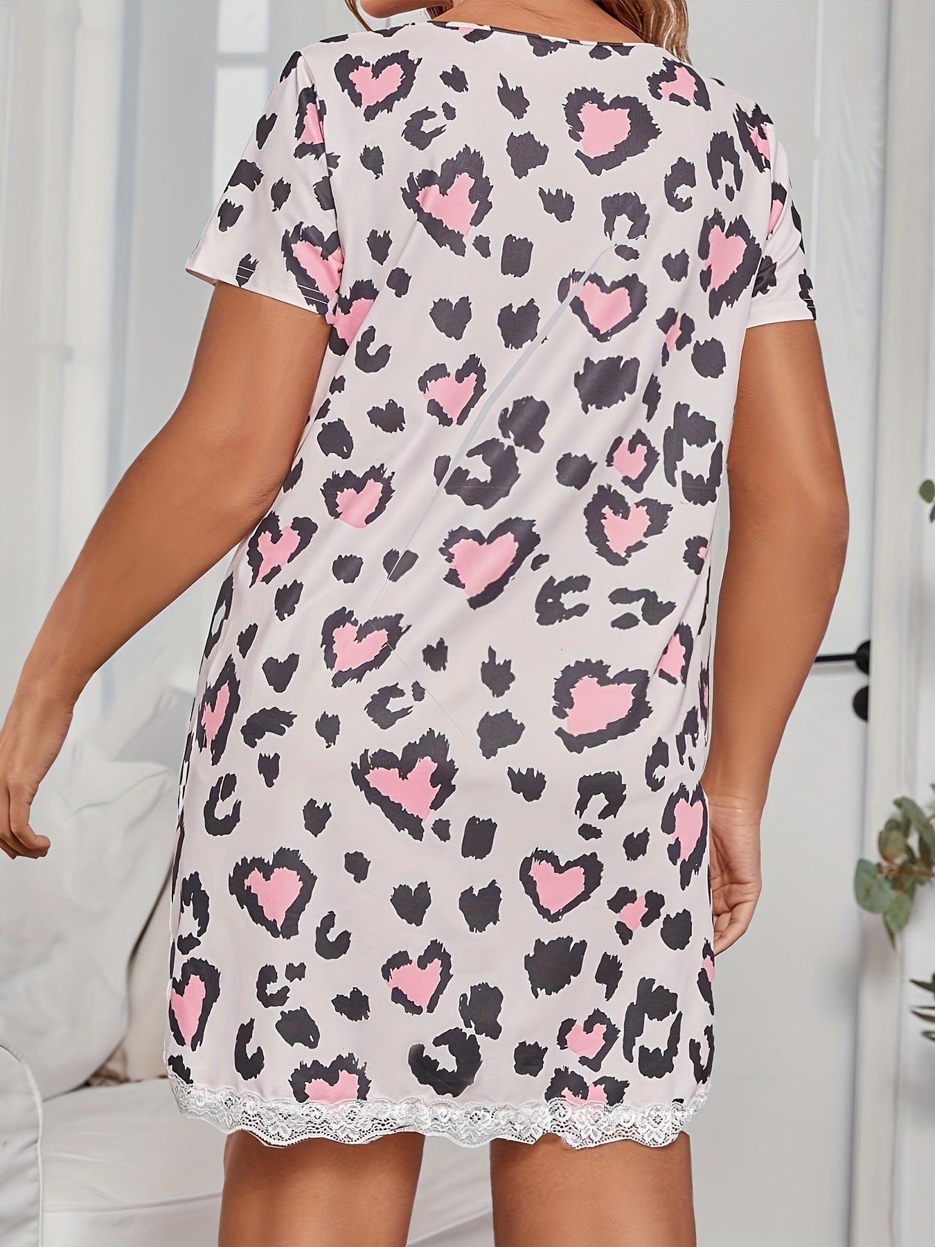 Sexy Nightdress Leopard Print Lace Trim V Neck Sleep Dress