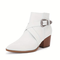Women's Pointed Toe Ankle Boots Cross Buckle Strap Side Zip Short Boots