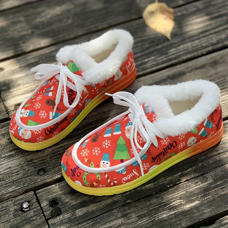 Women's Christmas Snow Boots Snowman Prints Winter Warm Lace-up Shoes