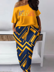 Camo Print Two Piece Skirt Set Cold Shoulder Top & Drawstring Skirt