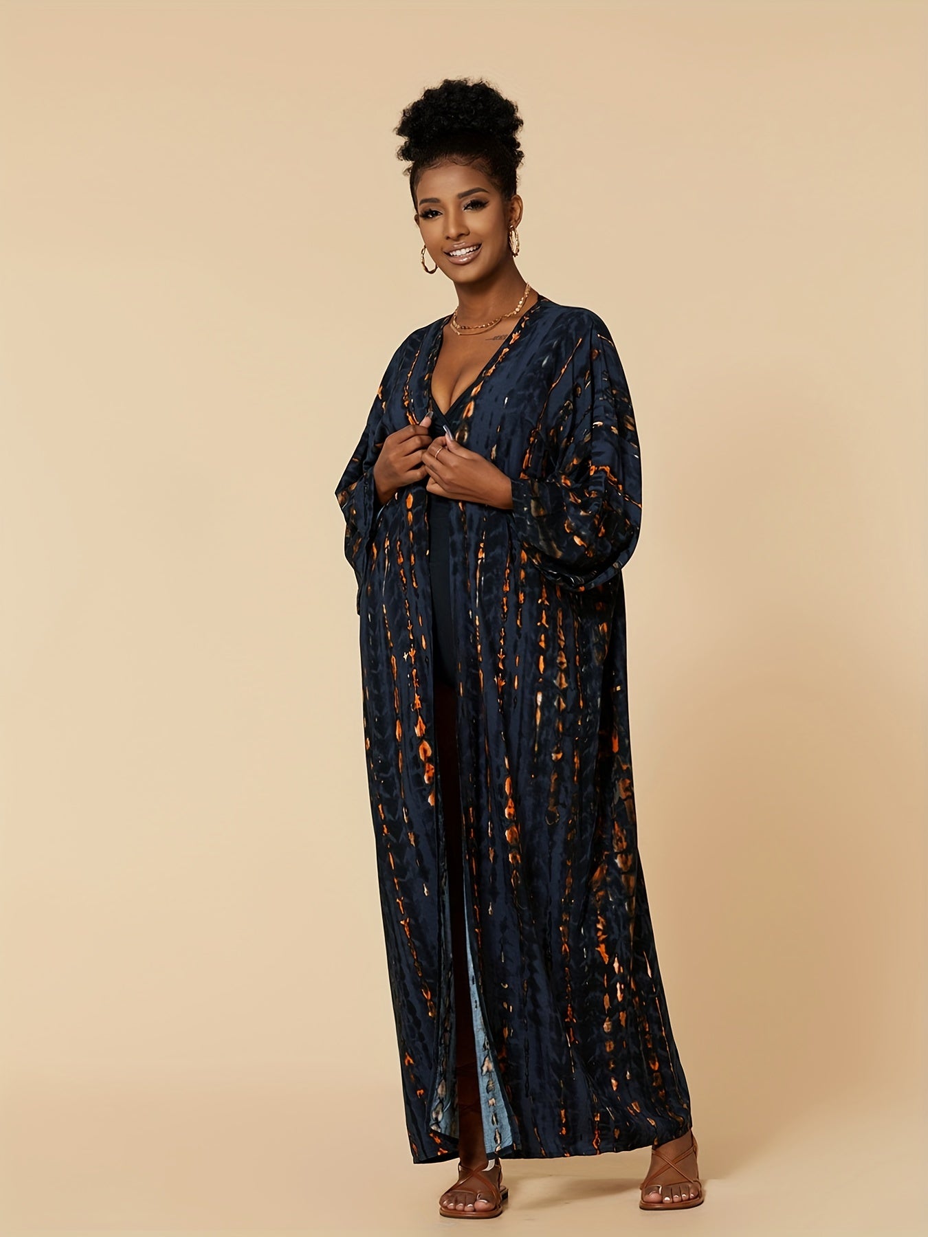 Casual Cover Up Women's Plus Print Long Sleeve V Neck Cover Up