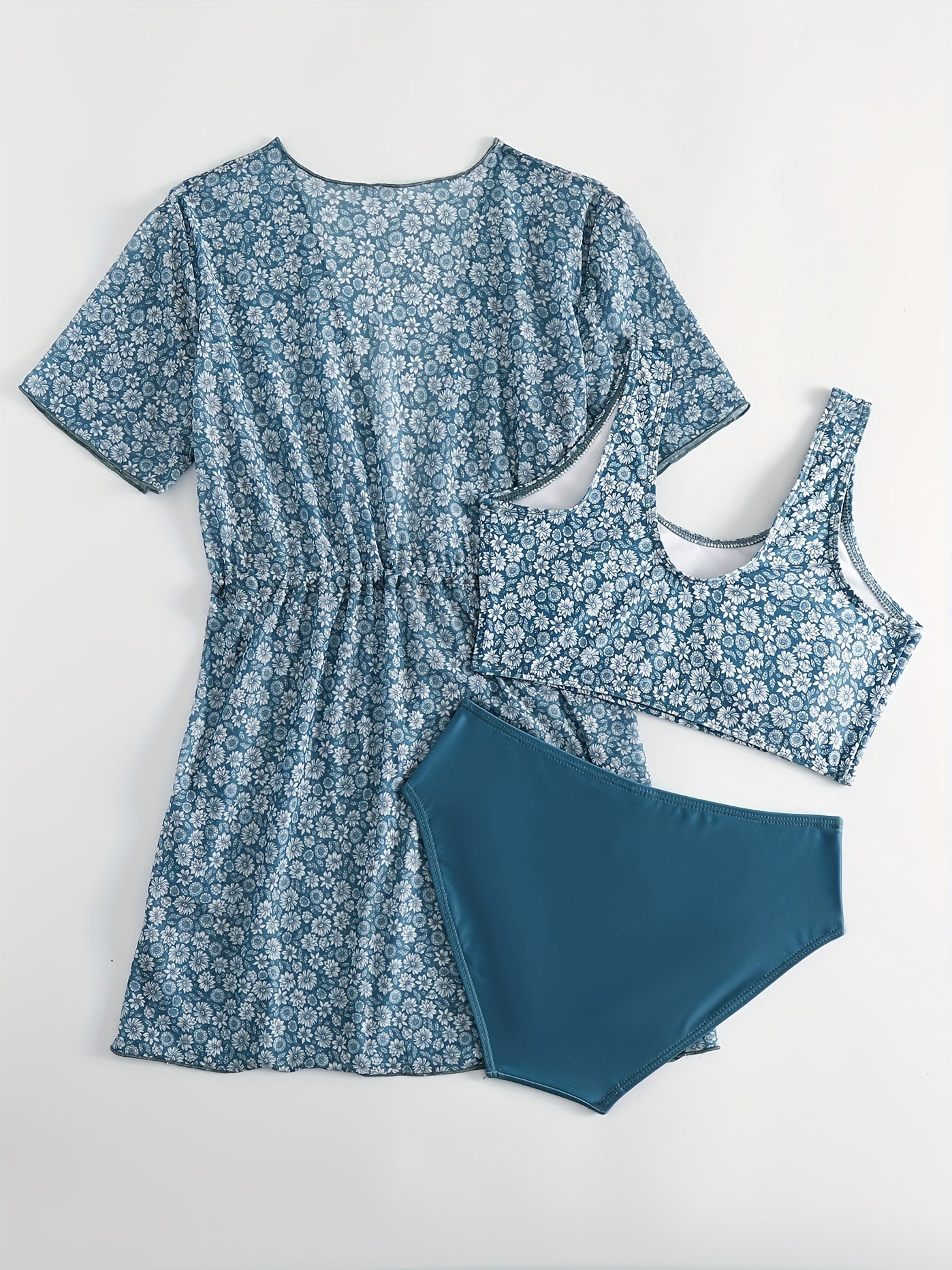 Girls' Tropical Print Bikini Set with Sunscreen Cardigan Shirt