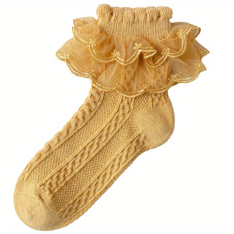 2Pairs Girls Lace Ruffle Princess Dance Socks Cotton Blend Kids Crew Socks