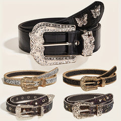 Y2K Butterfly Rhinestone Wide Belt Inset Style Sparkling Cowboy Belt
