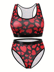 Heart Print Racer Back Tank Bra & Panty Lingerie Set
