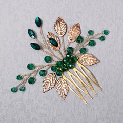 Green Crystal Leaf Charm Hair Comb Bridal Wedding Headwear