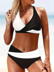 Colorblock Cross Front Halter Bikini Set