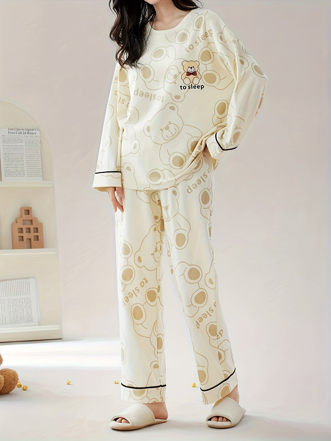 Bear Print Pajama Set Long Sleeve Crew Neck Top & Pants Women's Sleepwear