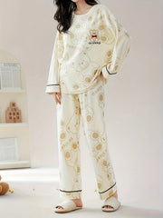 Bear Print Pajama Set Long Sleeve Crew Neck Top & Pants Women's Sleepwear