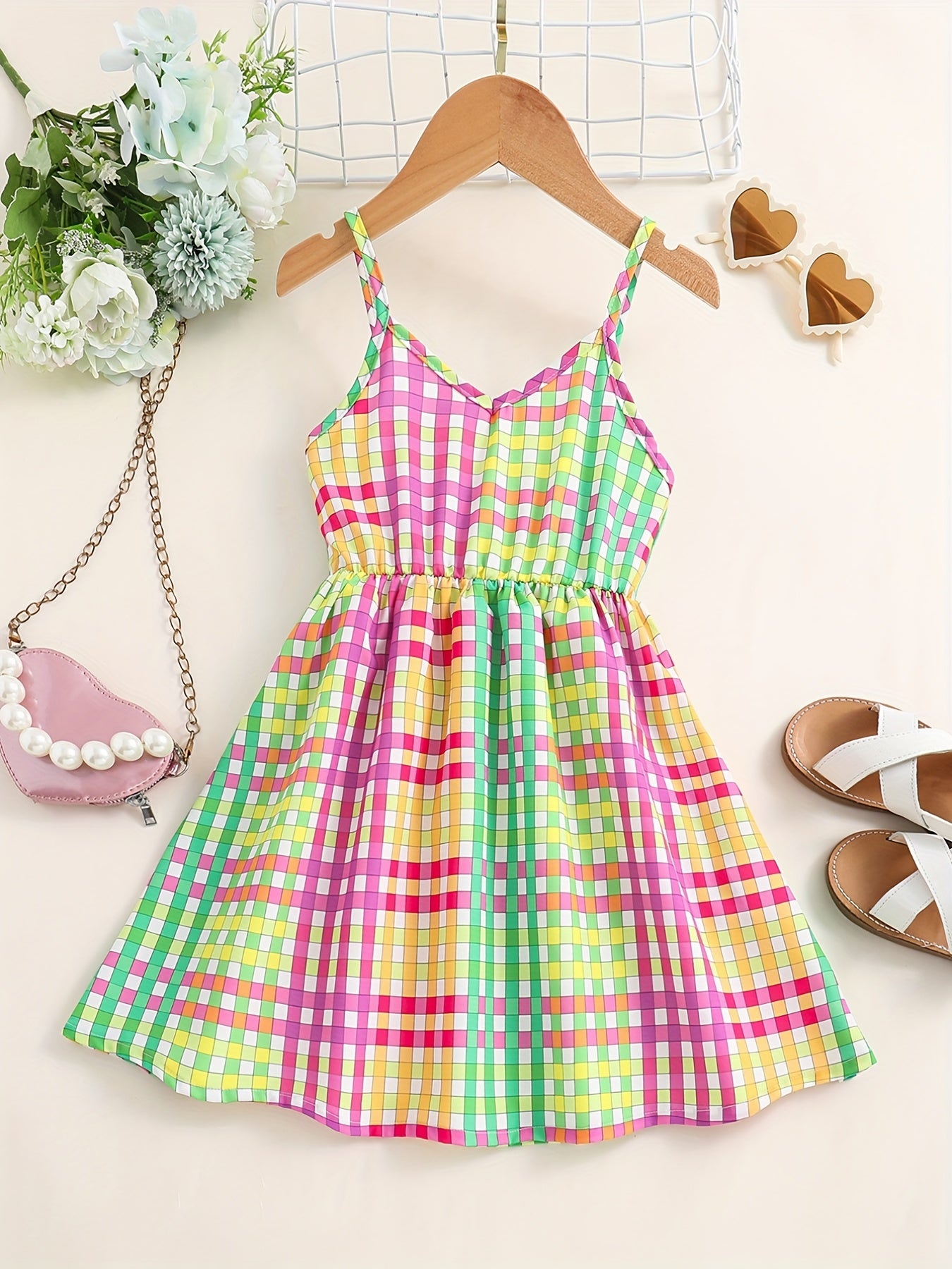 Girls Colorful Plaid V neck Cami Dress For Party Holiday
