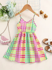 Girls Colorful Plaid V neck Cami Dress For Party Holiday