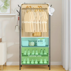 Garment Rack with Double Rods, Lower Storage, and Hooks