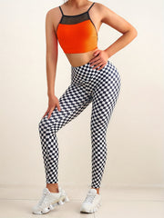 Checkerboard Print High Waist Sports Pants Butt Lifting Stretchy Workout Trouser
