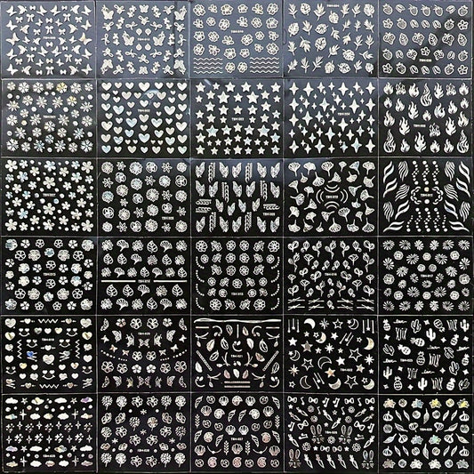 30pcs 3D Fantasy Nail Art Stickers: Glittery Patterns Stars Hearts Snowflakes