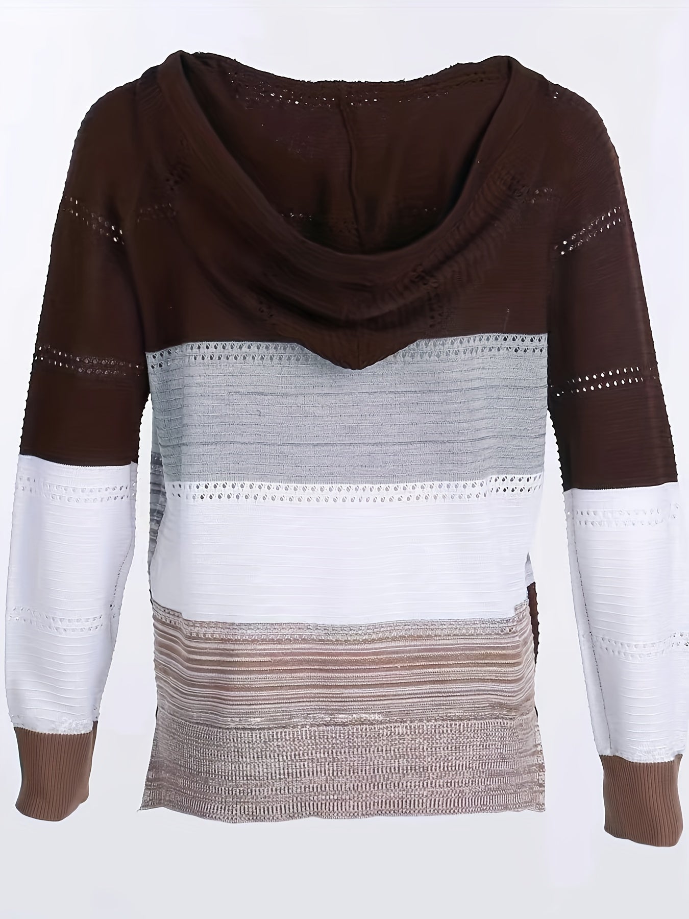 Block Hooded Knit Sweater V Neck Long Sleeve Casual Women's Clothing