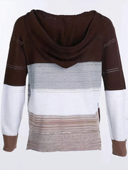 Block Hooded Knit Sweater V Neck Long Sleeve Casual Women's Clothing