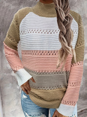 Colorblock Long Sleeve Mock Neck Knitted Sweater