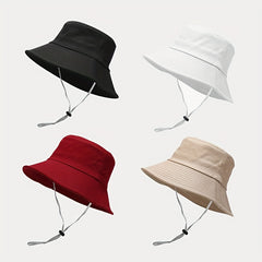 Wide Brim Strap Windproof Rope Bucket Hat Solid Outdoor Sun Protection Hat