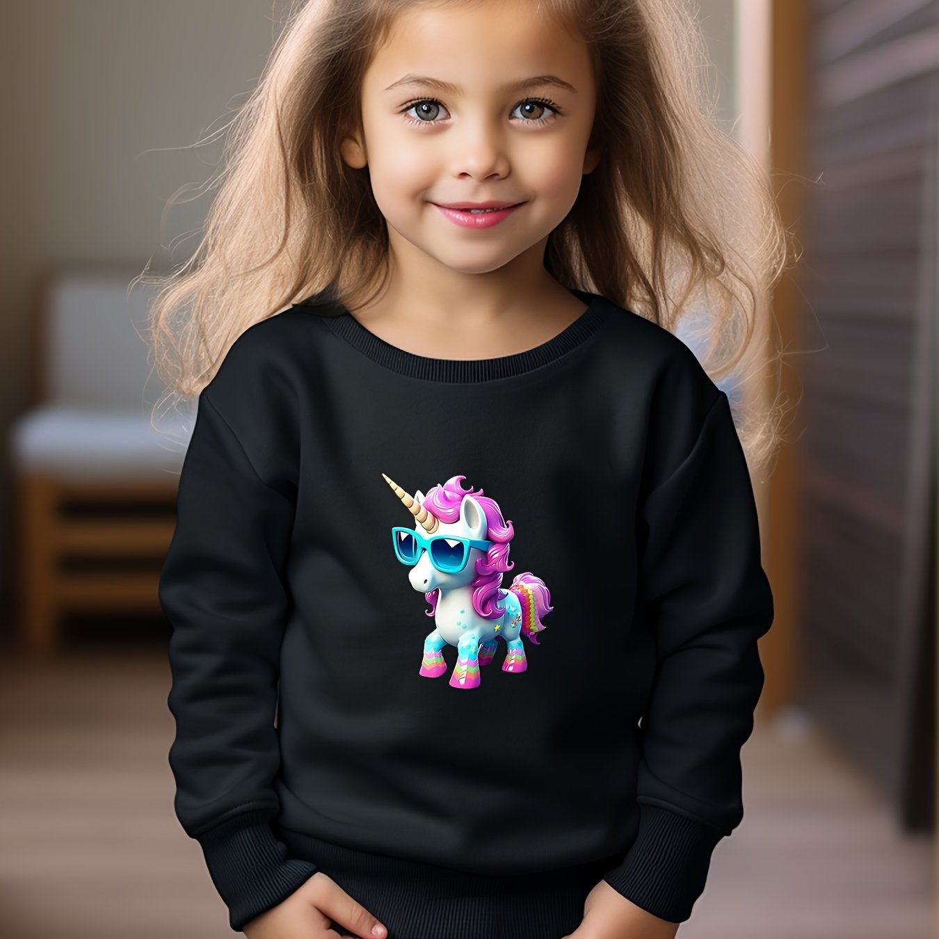 Girls Unicorn Pattern Crew Neck Long Sleeve Sweatshirt For Spring Fall