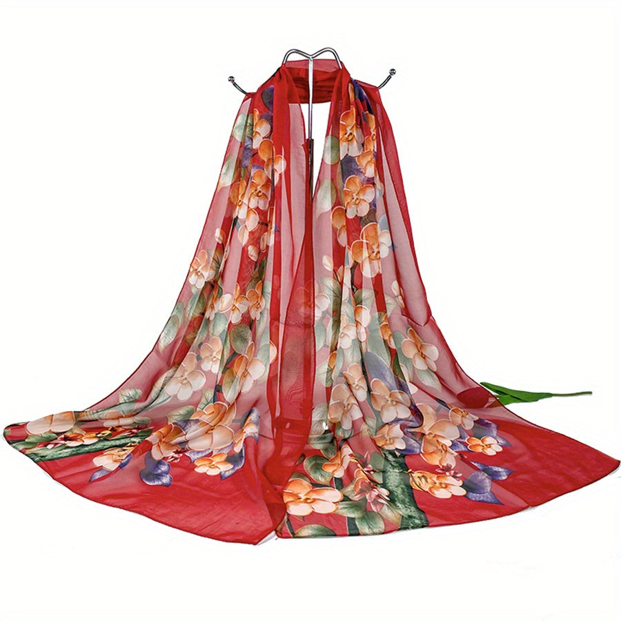 Chiffon Flower Print Scarf Silk Shawl Casual Windproof Head Wrap