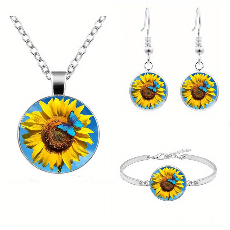 Sunflower Pattern Pendant Necklace Bracelet Earrings Set