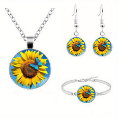 Sunflower Pattern Pendant Necklace Bracelet Earrings Set